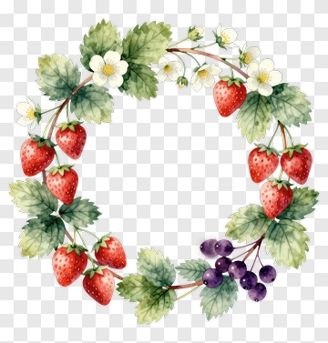 Floral Wreath Of Strawberries And Green Leaves PNG