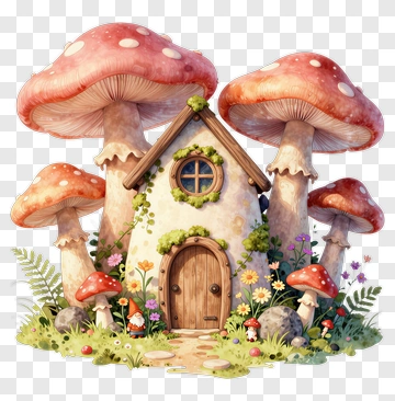 Whimsical Mushroom House With Gnomes And Flowers PNG