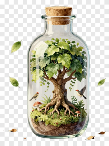 Glass Bottle With A Tree And Birds PNG