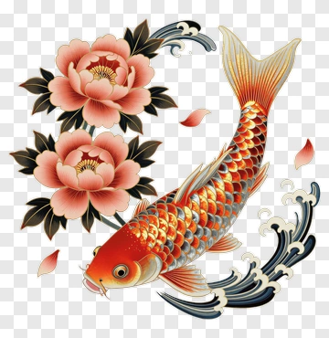 Koi Fish With Pink Flowers And Waves PNG