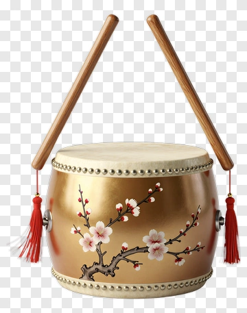 Decorative Chinese Drum With Cherry Blossom Design PNG