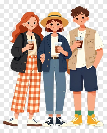 Cartoon Friends Holding Iced Coffee PNG