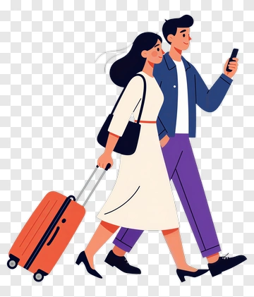 Couple Walking With Luggage And A Phone PNG