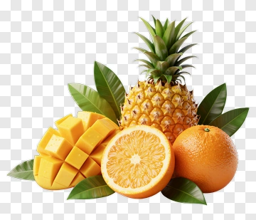 Pineapple, Mango, And Orange With Green Leaves PNG