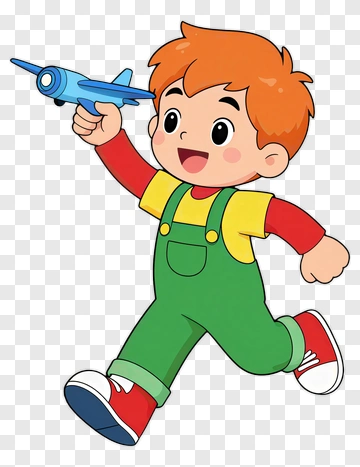 Cartoon Boy Running With A Toy Airplane PNG