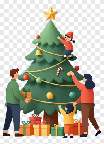 Family Decorating A Christmas Tree PNG