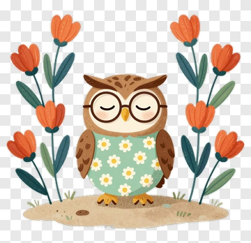 Cartoon Owl Surrounded By Flowers PNG