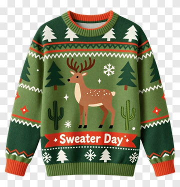 Sweater Day Christmas Sweater With Reindeer And Trees PNG