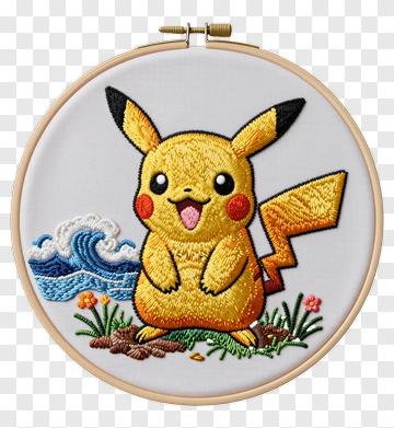 Embroidered Pikachu With Waves And Flowers PNG