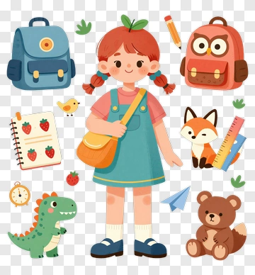 Cartoon Girl With School Supplies And Cute Animals PNG
