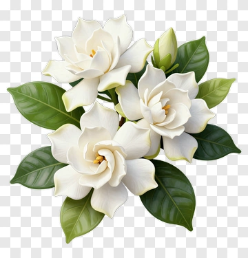 White Gardenia Flowers With Green Leaves PNG