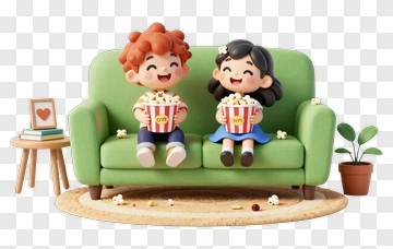 Cartoon Children Enjoying Popcorn On A Green Sofa PNG