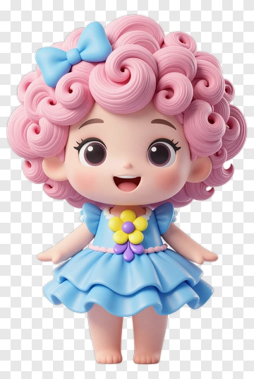 Cute Doll With Pink Curly Hair And Blue Dress PNG