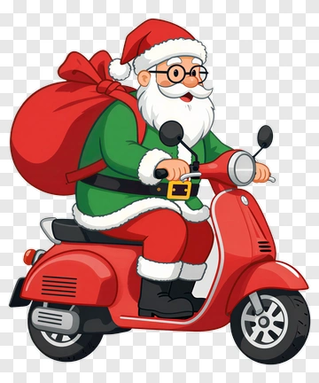 Santa Claus Riding A Scooter With A Gift Bag PNG