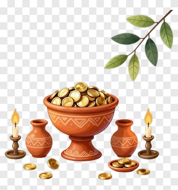 Clay Bowl Filled With Gold Coins And Candles PNG