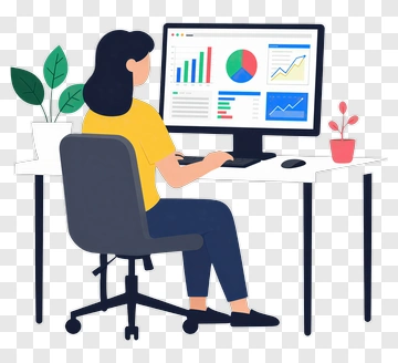 Woman Working At A Computer With Graphs And Charts PNG
