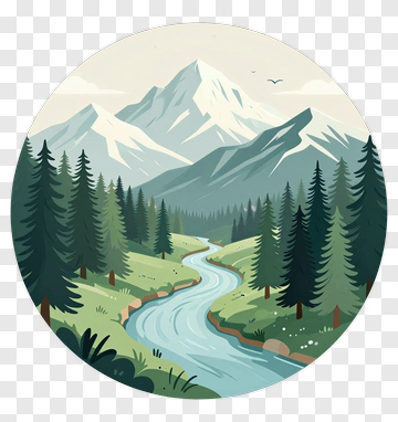 Mountain Landscape With River And Pine Trees PNG