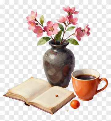 Vase Of Flowers With Open Book And Coffee Cup PNG