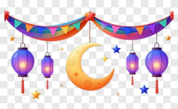 Colorful Lanterns And Moon Decoration PNG