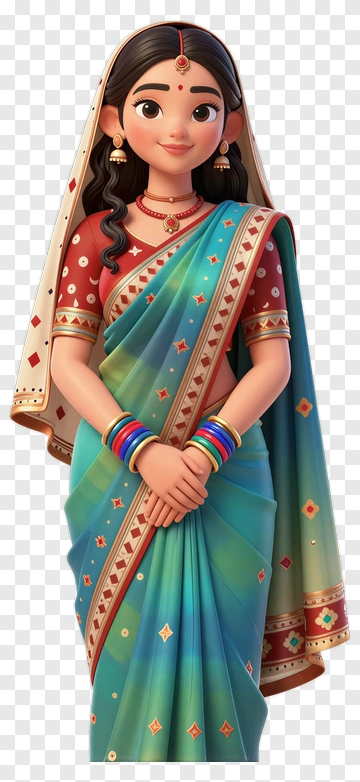Cartoon Woman In Colorful Saree PNG