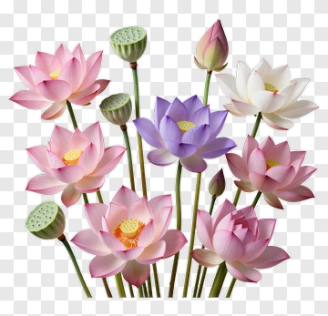 Colorful Lotus Flowers Arrangement PNG