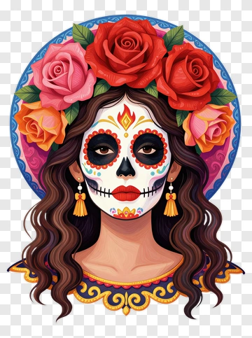 Colorful Sugar Skull Woman With Roses PNG