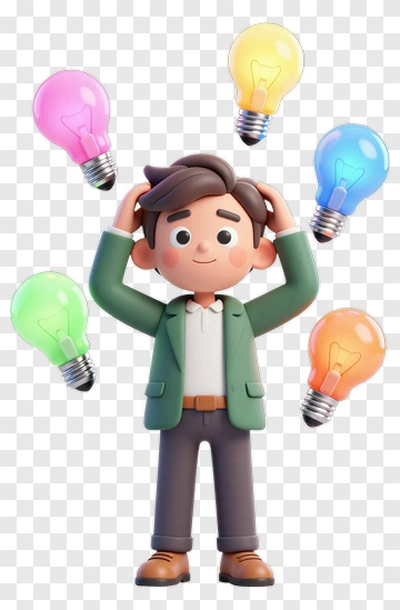 Cartoon Character Juggling Colorful Light Bulbs PNG
