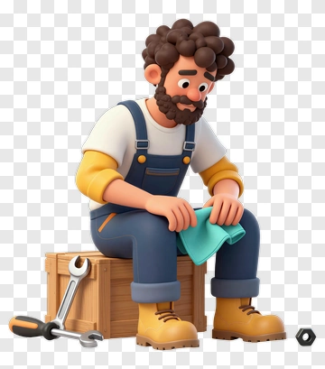 3D Mechanic Sitting On A Toolbox Holding A Cloth PNG