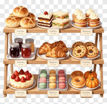 Bakery Display With Various Pastries And Desserts PNG