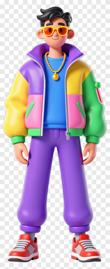 3D Cartoon Character In Colorful Jacket And Sunglasses PNG