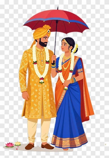 Couple Holding An Umbrella In Traditional Indian Attire PNG