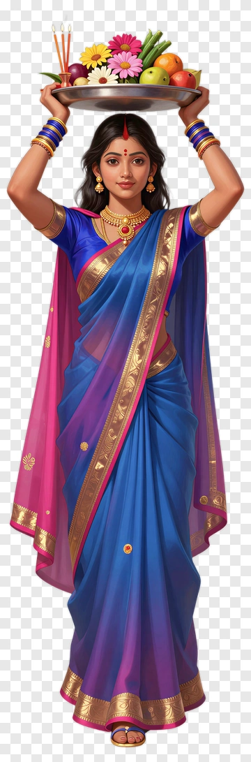Woman In Traditional Saree Holding A Plate Of Offerings PNG