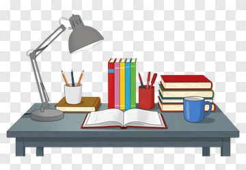 Desk With Books And Lamp PNG
