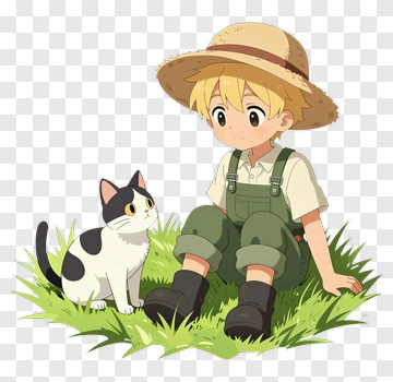 Cartoon Boy Sitting With A Cat In Grass PNG