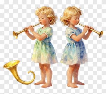 Two Girls Playing Golden Trumpets PNG