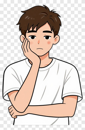 Cartoon Boy Thinking With Hand On Chin PNG