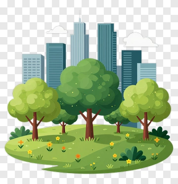 Green Park With Trees And City Skyline PNG