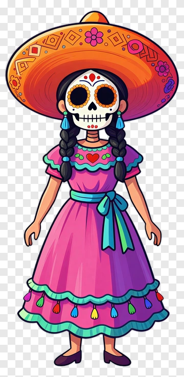 Cartoon Girl In Colorful Day Of The Dead Dress PNG