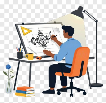 Designer Working On Mechanical Blueprint PNG