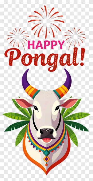Happy Pongal Celebration With Colorful Cow PNG