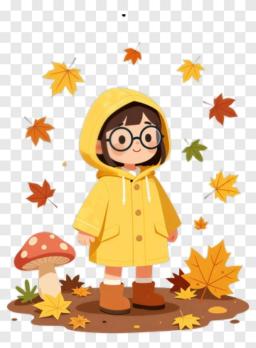 Cartoon Girl In Yellow Raincoat Surrounded By Autumn Leaves PNG