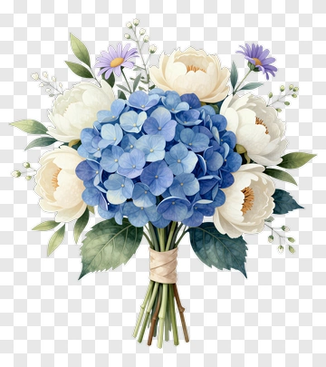 Flower Bouquet With Blue Hydrangeas And White Peonies PNG