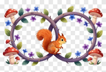 Cartoon Squirrel Among Floral Wreath And Mushrooms PNG