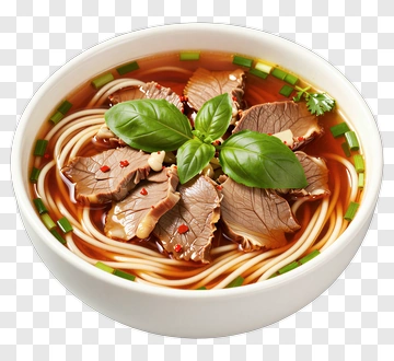 Bowl Of Noodle Soup With Beef And Basil PNG
