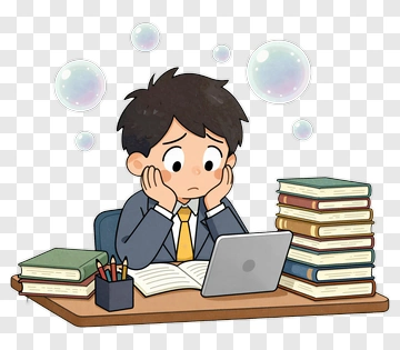 Worried Student Sitting At A Desk With Books And Laptop PNG