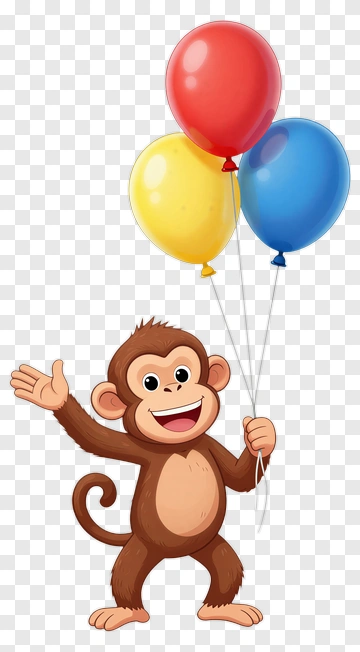 Cartoon Monkey Holding Colorful Balloons PNG