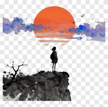 Silhouette Of A Girl Standing On A Cliff At Sunset PNG