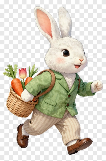 Cartoon Rabbit Carrying A Basket Of Carrots And Flowers PNG