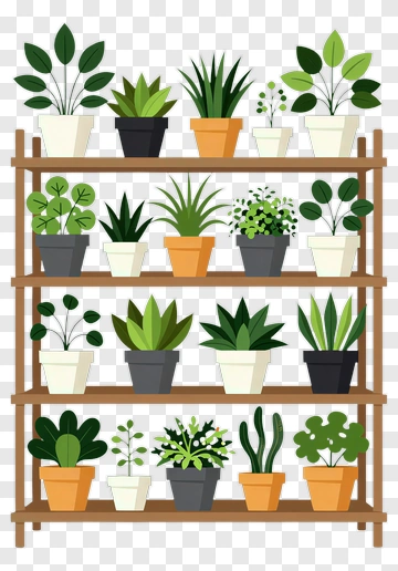 Plant Shelf With Various Potted Plants PNG