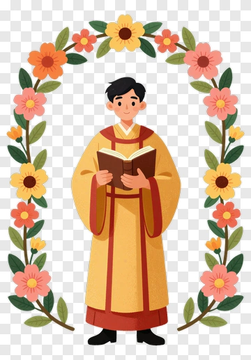 Man In Traditional Robes Holding A Book Surrounded By Flowers PNG